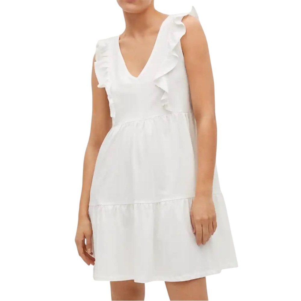 Mango Organic Cotton Carile White Ruffle Tiered Mini Dress Size L NWT